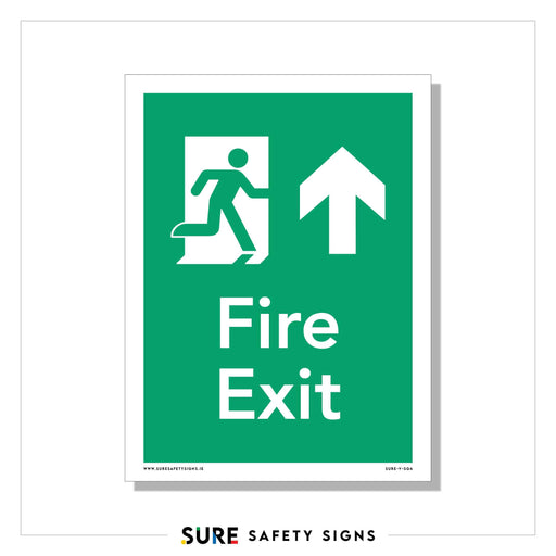 This safety sign features a green fire exit design with a white figure running towards a doorway and a prominent upward arrow above the text Fire Exit. The bottom showcases the branding SURE SAFETY SIGNS, trusted across Ireland.
