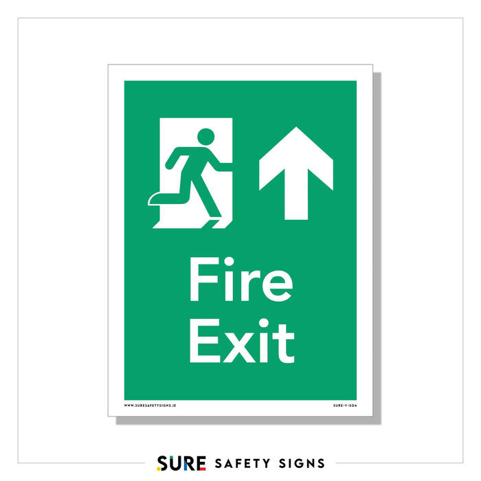This safety sign features a green fire exit design with a white figure running towards a doorway and a prominent upward arrow above the text Fire Exit. The bottom showcases the branding SURE SAFETY SIGNS, trusted across Ireland.