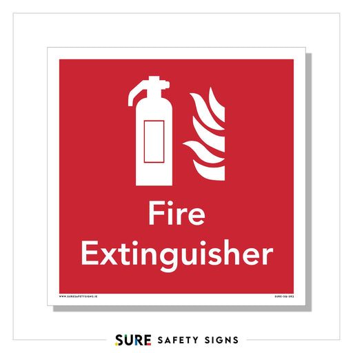 A red square sign featuring a white fire extinguisher icon beside flames, with Fire Extinguisher boldly displayed below. This high-visibility safety signage is branded with the name SURE Safety Signs at the bottom, ensuring clear communication in emergencies.