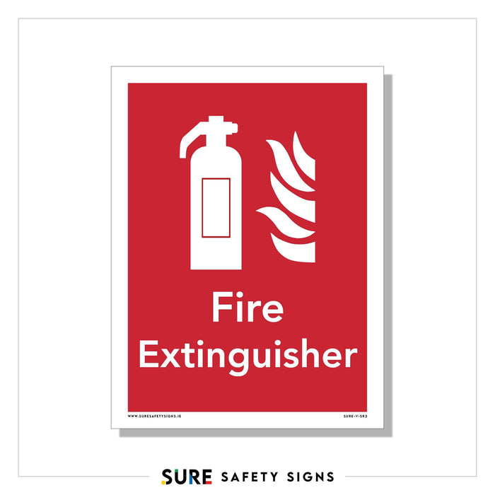 A high-visibility safety sign in red and white showcases a fire extinguisher icon alongside flames, clearly marked with the words Fire Extinguisher in bold lettering.