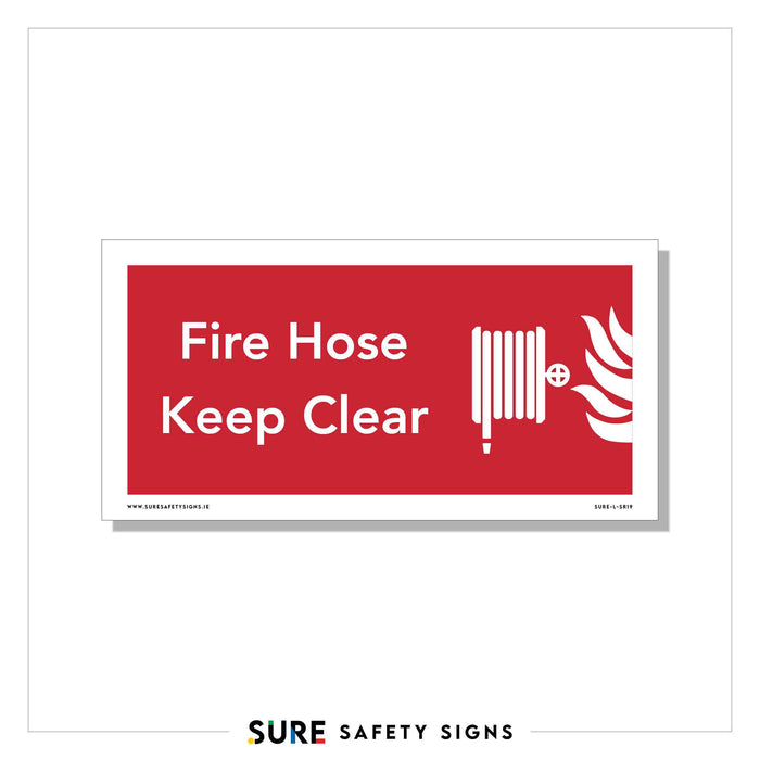 Red safety sign with white text reading Fire Hose Keep Clear, featuring an icon of a rolled-up fire hose and flames, ensures high-contrast visibility.