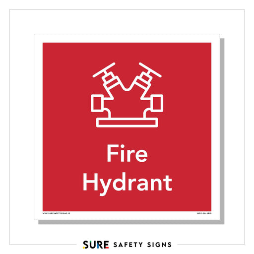 A red square safety sign with a white line drawing of a fire hydrant and the text Fire Hydrant below it. This sign, resembling those used in Ireland, is designed to indicate the location of a fire hydrant for safety purposes.