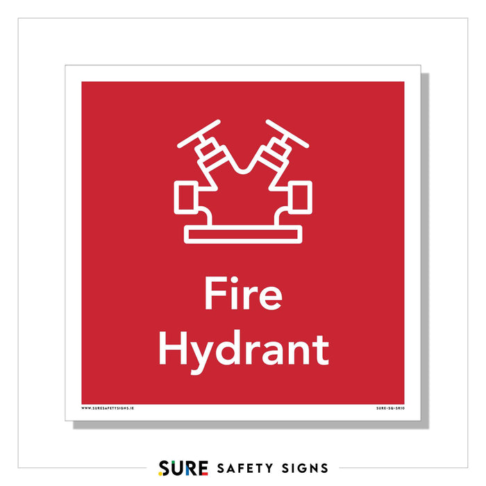 A red square safety sign with a white line drawing of a fire hydrant and the text Fire Hydrant below it. This sign, resembling those used in Ireland, is designed to indicate the location of a fire hydrant for safety purposes.