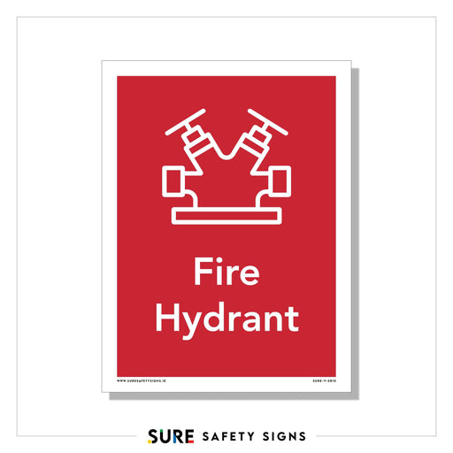 A red safety sign featuring a white outline of a fire hydrant above the words Fire Hydrant in bold white text. The solid red background ensures easy identification, following Irelands standard safety sign design for clear visibility and efficiency.