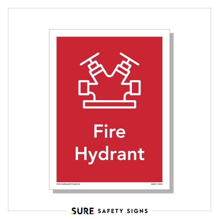 A red safety sign featuring a white outline of a fire hydrant above the words Fire Hydrant in bold white text. The solid red background ensures easy identification, following Irelands standard safety sign design for clear visibility and efficiency.