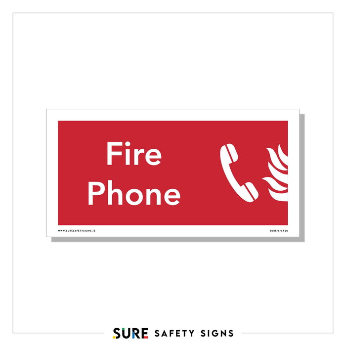 A rectangular sign with a red background displays white text reading Fire Phone. To the right, there is a white graphic of a telephone receiver with flames, highlighting its role in emergency communication points as part of essential fire safety protocols.