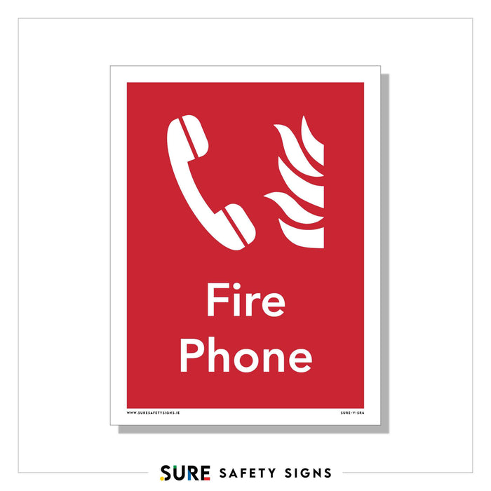 A red safety sign with a white telephone symbol and flame icon clearly marks the fire phone sign. Below the symbols, Fire Phone is displayed, highlighting its role in emergency communication points.