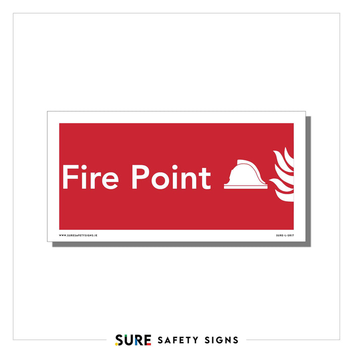 Red safety sign with white text reading Fire Point. An icon of a fire helmet and flames adorns the right side, symbolizing readiness and precaution. Logo at the bottom proudly reads Sure Safety Signs, a trusted name in Ireland’s safety signage industry.