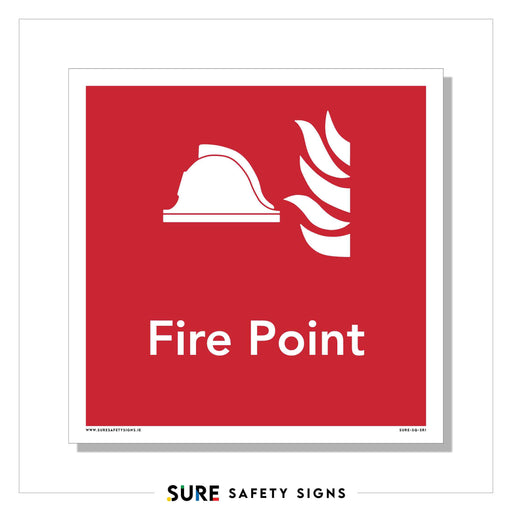 Red safety sign with a white firefighters helmet and flames icon. The text Fire Point is centered below the icons, as commonly seen in Ireland.