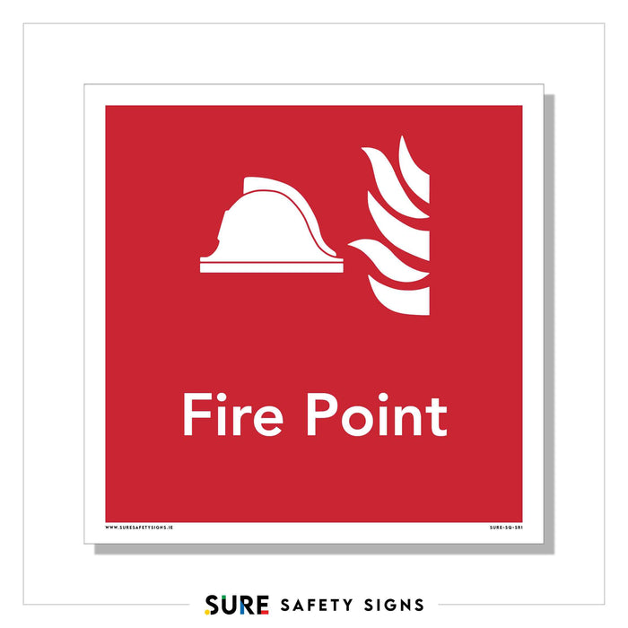 Red safety sign with a white firefighters helmet and flames icon. The text Fire Point is centered below the icons, as commonly seen in Ireland.