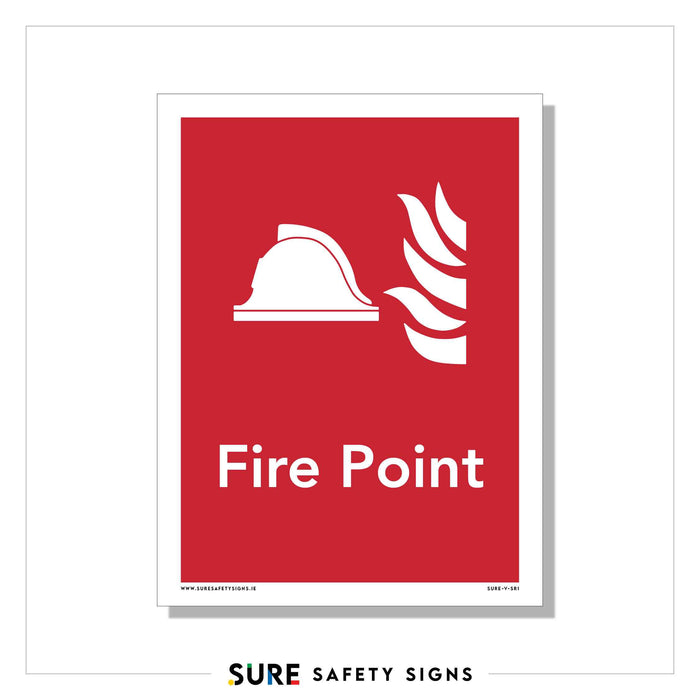Red fire safety sign with a white firefighter helmet and flame symbol, commonly seen across Ireland. The text reads Fire Point.