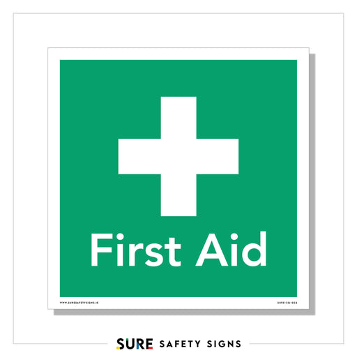 Green square sign featuring a white cross above the bold words First Aid, adhering to safety regulations. This first aid sign clearly marks the location of medical assistance or supplies.