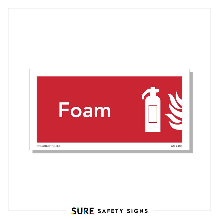 A fire safety sign in red showcases a white foam extinguisher icon with flames, accompanied by the word Foam, highlighting essential firefighting equipment.