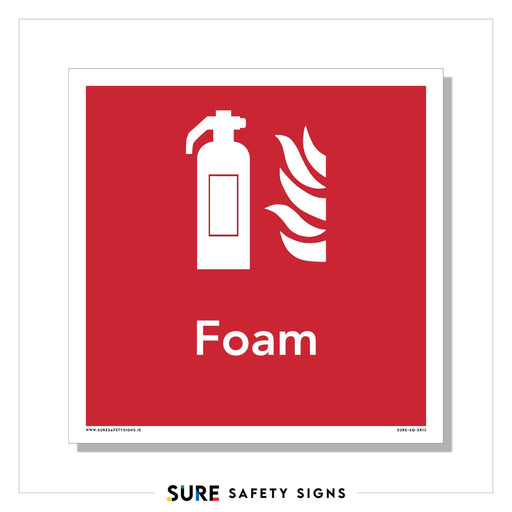 A red fire safety sign showcases a white icon of a fire extinguisher beside flames, with Foam inscribed below, signaling a foam-type firefighting equipment.