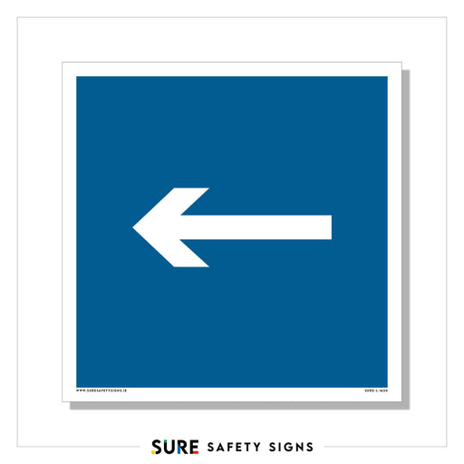 A blue square sign displaying a white left-pointing arrow indicates a directional route. Designed by Sure Safety Signs, this sign adheres to Irelands stringent safety standards.