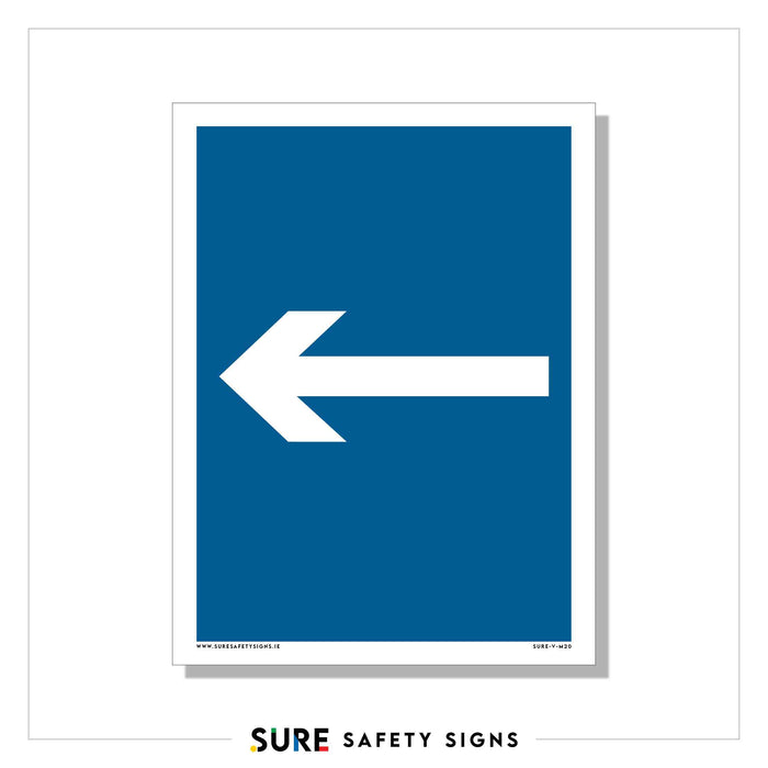 White arrow pointing left on a blue rectangular background, with Sure Safety Signs text at the bottom. This safety sign is designed to meet Irelands stringent standards, ensuring guidance and security in any environment.
