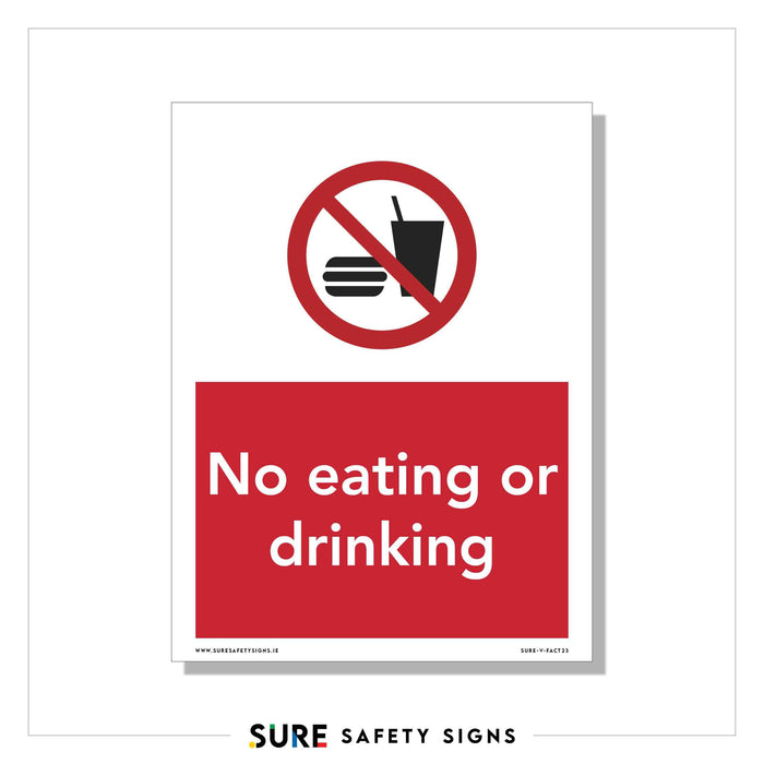 A safety sign displays a red circle and slash over icons of a burger and drink, indicating food-restricted areas. Below, bold red text on a white background explicitly states No eating or drinking, adhering to hygiene standards.