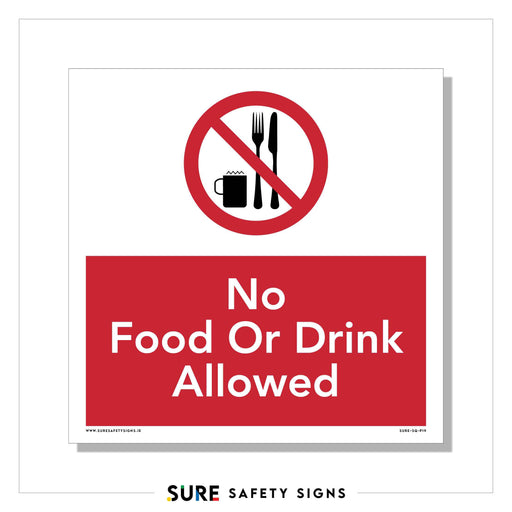 A safety sign featuring a red circle and slash over fork, knife, and cup icons with text below reading No Food Or Drink Allowed, reminiscent of those youd find across Ireland.