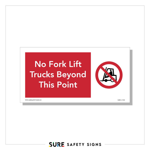 A prohibition safety sign with a red background declares No Fork Lift Trucks Beyond This Point. It showcases a black and white symbol of a crossed-out forklift, emphasizing workplace safety, inside a vivid red circle with a line through it.