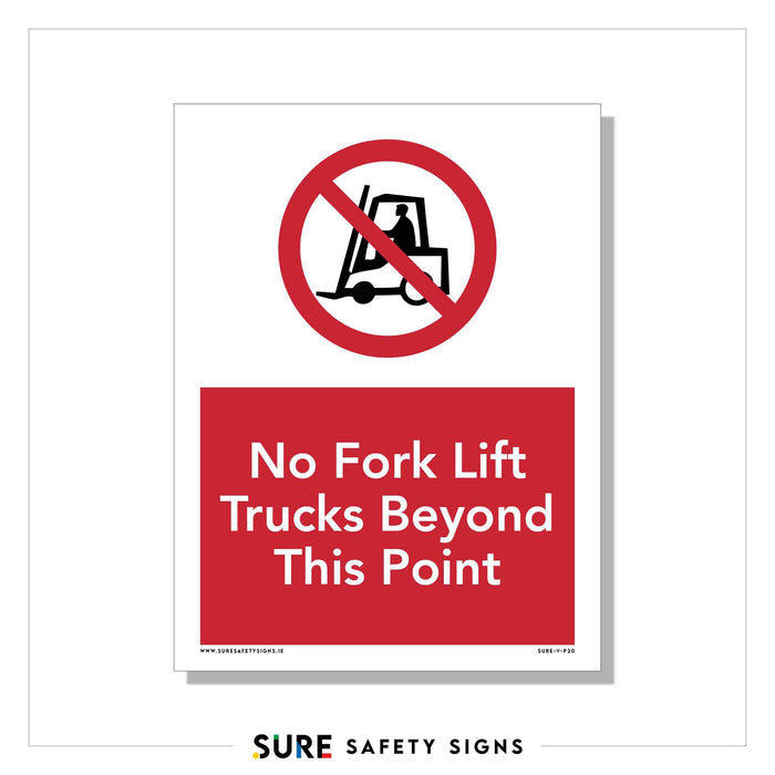 A prohibition safety sign features a red circle and slash over a forklift icon, with bold text beneath stating No Fork Lift Trucks Beyond This Point in white on red. Essential for maintaining workplace safety, these forklift restriction signs ensure safe zones.