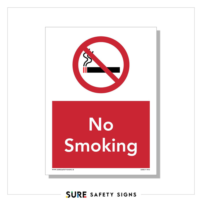 A No Smoking sign features a red circle and diagonal line crossing out a black cigarette icon, ensuring adherence to safety regulations. The words No Smoking are boldly displayed in white on a red background below the symbol, reinforcing the commitment to smoke-free environments.