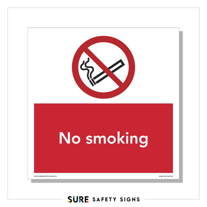 A red No smoking sign showcases a cigarette icon with smoke, crossed out by a red diagonal line, emphasizing workplace safety regulations. Beneath the icon, the bold text No smoking stands prominent on a vivid red background.