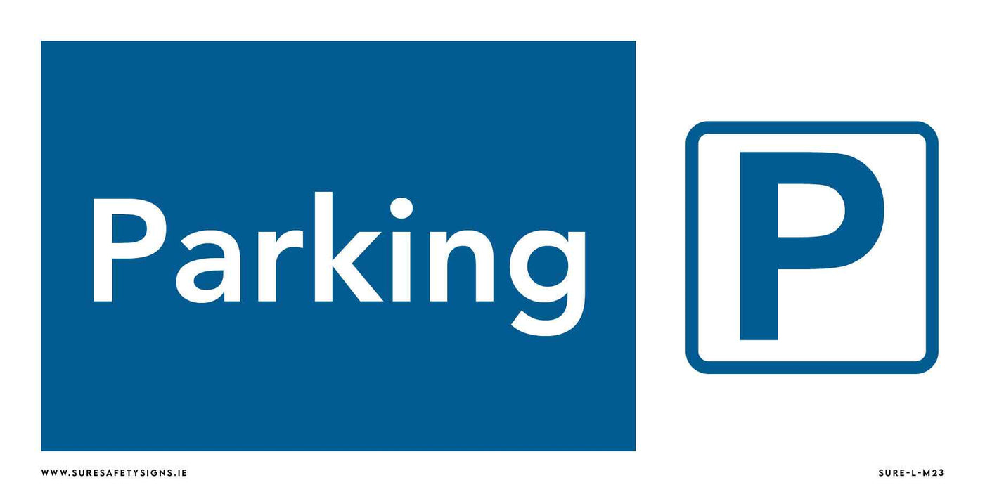 Blue parking sign with the word Parking and a white letter P inside a blue square, featuring a weather-resistant finish for durable parking area identification.