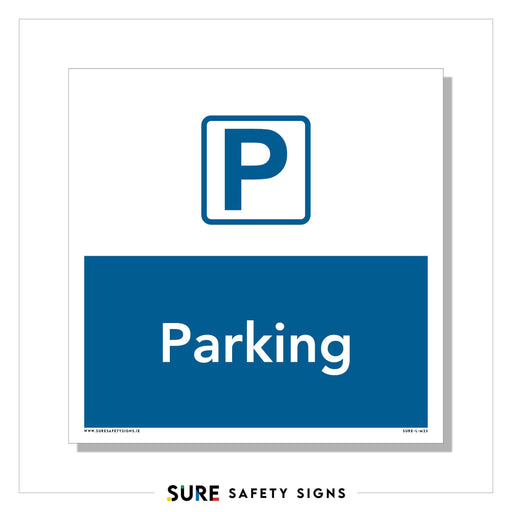 Blue and white parking sign featuring a large P symbol on top and the words Parking Area Identification below, designed by Sure Safety Signs with a weather-resistant finish.