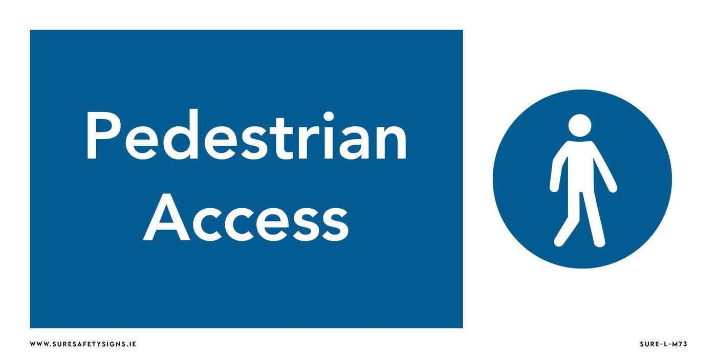 A safety sign with a blue background and white text that reads Pedestrian Access. On the right, a blue circle features a white walking person icon, commonly seen in Ireland for guiding walkers safely.