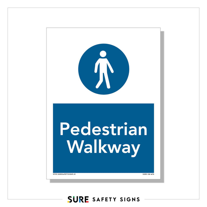 A blue circle sign displays a white pedestrian symbol above the words Pedestrian Walkway on a blue background. The bottom features SURE SAFETY SIGNS with a website link and code, ensuring clear walkway identification for safety.