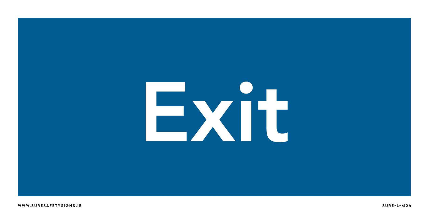A blue safety sign with the word Exit in white, neatly centered within a crisp white border, reminiscent of efficient signage one might find guiding travelers in Ireland.