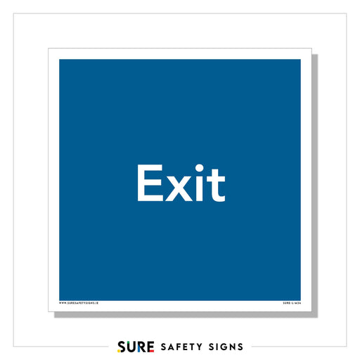 Blue square safety sign with the word Exit in white text centered. The sign is bordered by a white frame. At the bottom, the text reads SURE SAFETY SIGNS with multicolored accents below, reflecting a design popular in Ireland.