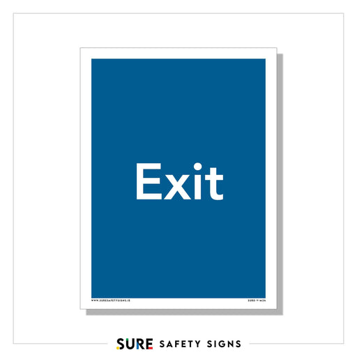 Blue safety sign with the word Exit in white, centered on the sign. The sign has a white border, and Sure Safety Signs appears below the image. This trusted signage is commonly seen across Ireland, guiding people to safely navigate exits everywhere.