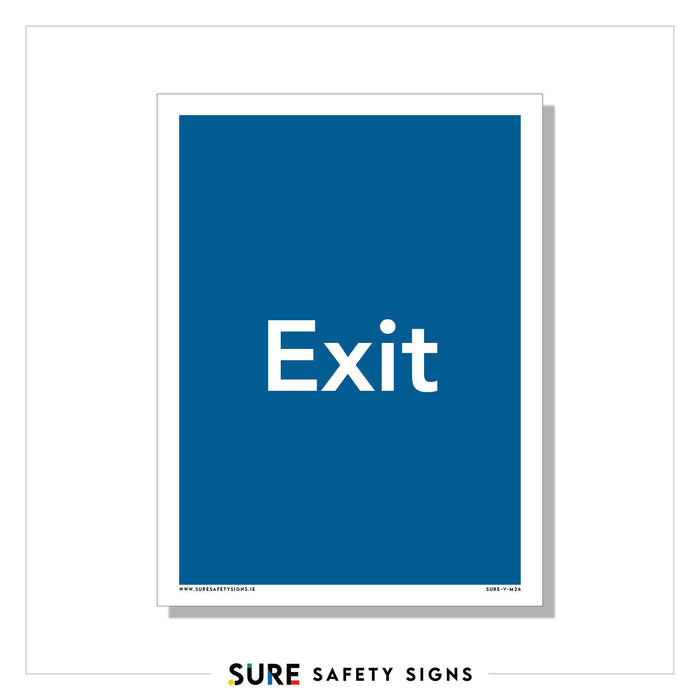 Blue safety sign with the word Exit in white, centered on the sign. The sign has a white border, and Sure Safety Signs appears below the image. This trusted signage is commonly seen across Ireland, guiding people to safely navigate exits everywhere.