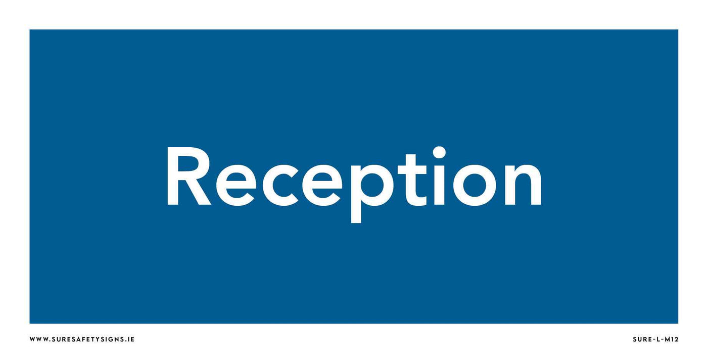 Blue rectangular sign with the words Reception Sign in bold white letters centered, showcasing professional typography perfect for efficient visitor management.