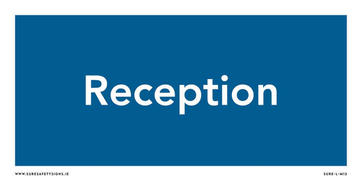 Blue rectangular sign with the words Reception Sign in bold white letters centered, showcasing professional typography perfect for efficient visitor management.