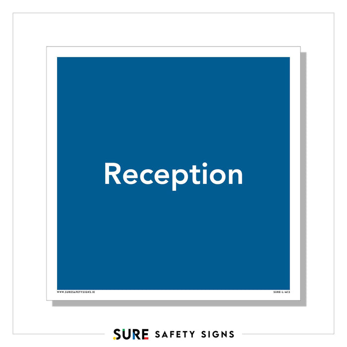 A square blue Reception Sign with professional typography features the word Reception in bold white letters. Below, in smaller text, reads SURE SAFETY SIGNS, accompanied by a website and reference number—ideal for efficient Visitor Management.
