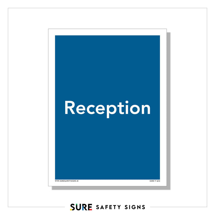 Blue rectangular reception sign with professional typography, featuring the word Reception in white, centered. The sign is bordered in white, and at the bottom, it proudly displays the SURE Safety Signs logo—perfect for effective visitor management.