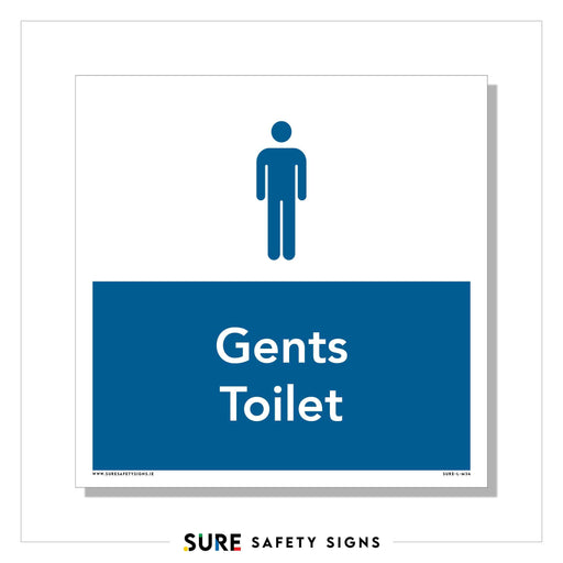 The sign for a gents toilet features the Universal Male Symbol, clearly identifying the facility. A simple male icon is placed above the text Gents Toilet on a crisp blue background.