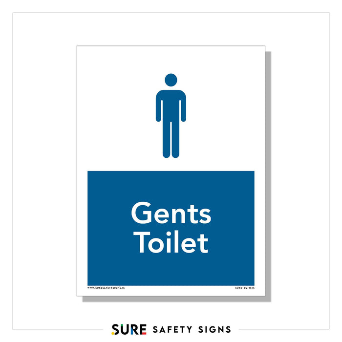 A blue and white sign offers clear facility identification for a Gents Toilet. It prominently features the universal male symbol at the top, with Gents Toilet elegantly written in white on the vibrant blue background below.