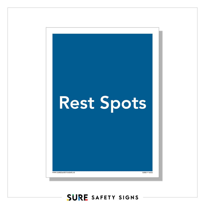 A blue rectangle safety sign with white text reading Rest Spots in the center, commonly seen along scenic routes in Ireland.