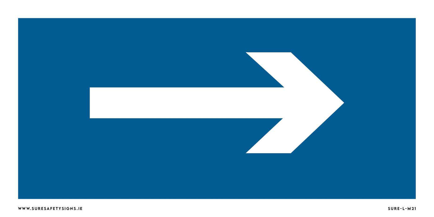 A blue rectangular directional sign features a bold white arrow pointing to the right, ideal for navigation while adhering to safety standards.