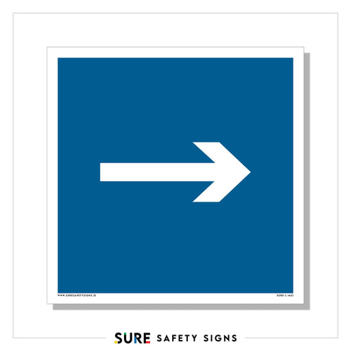 Blue square sign with a white arrow pointing to the right, serving as a navigation aid and adhering to safety standards to indicate direction or movement.