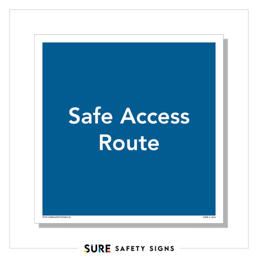 A blue safety sign with a high-visibility design and white text reading Safe Access Route. It features a weather-resistant finish, ensuring durability. This sign is part of the Sure Safety Signs brand, as noted at the bottom.