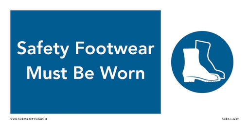 A safety sign featuring white text on a blue background reads Safety Footwear Must Be Worn, with an icon of two white boots in a blue circle on the right, a common sight across worksites in Ireland.