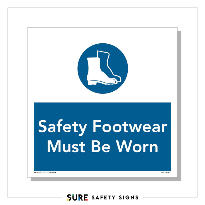 A safety sign with a blue background features a white icon of boots, clearly indicating that in Ireland, safety footwear must be worn. The text reads Safety Footwear Must Be Worn.