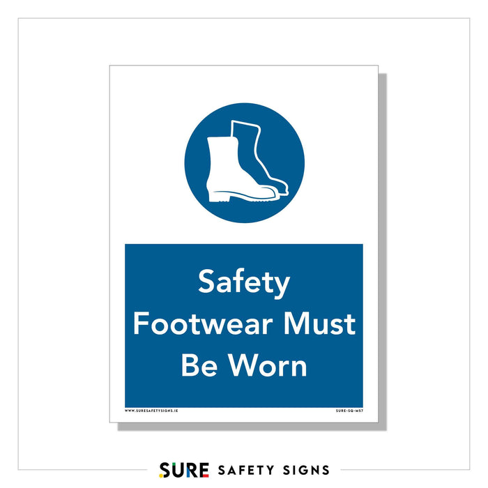 Sign with a blue circle featuring white boots, and text below reading, Safety Footwear Must Be Worn. This essential safety sign is perfect for workplaces in Ireland. Logo at the bottom says SURE SAFETY SIGNS.