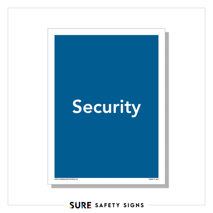 A solid blue informational sign features the word Security in white, centered perfectly. At the bottom, SURE SAFETY SIGNS is displayed in colorful, professional typography.