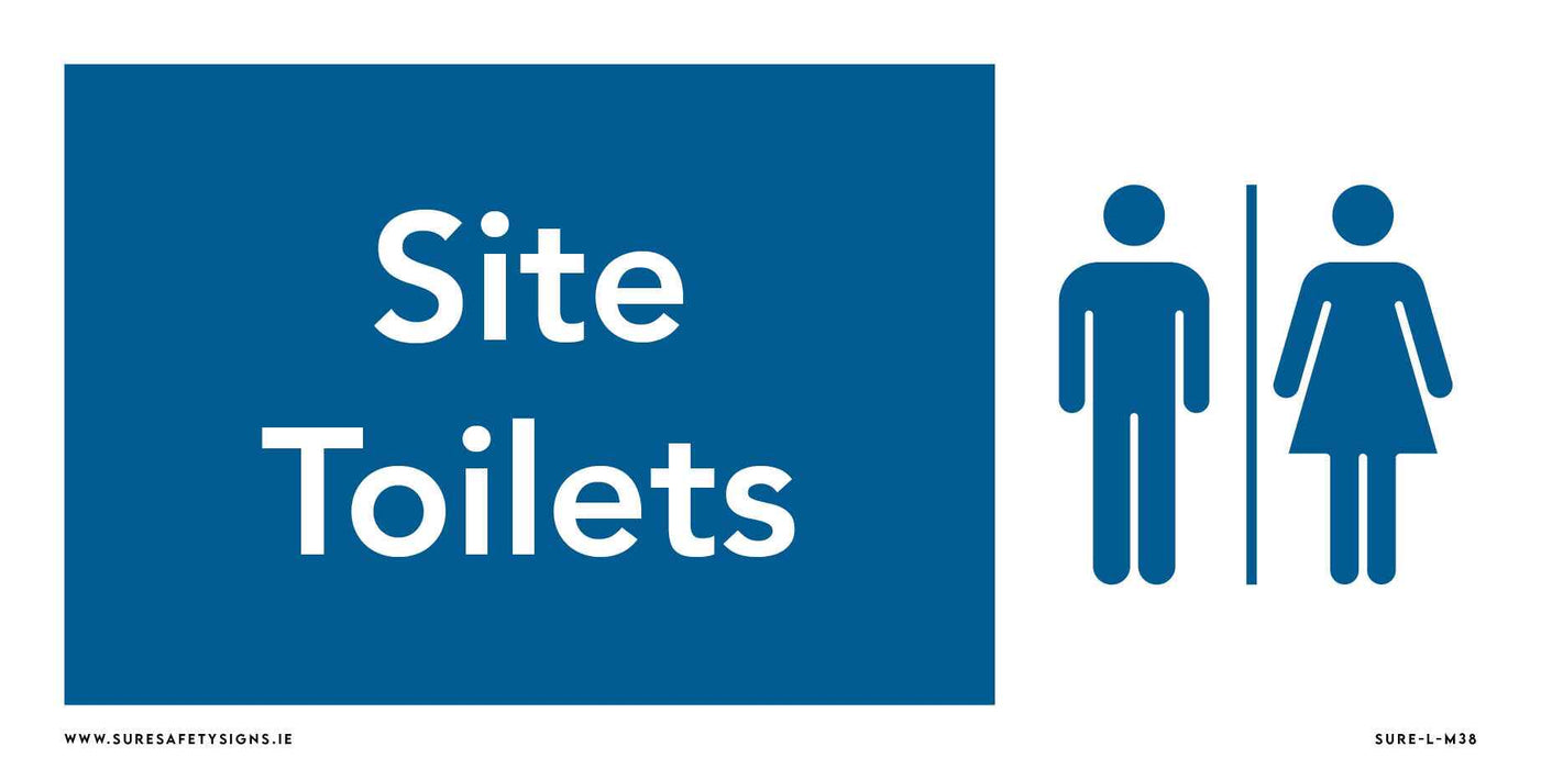 A blue and white sign for facility identification reads Site Toilets on the left, with universal symbols for male and female, separated by a vertical line, on the right.