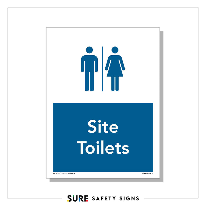 A sign utilizing universal symbols for a man and a woman, separated by a vertical line, reads Site Toilets in white on a blue background, enhancing facility identification.
